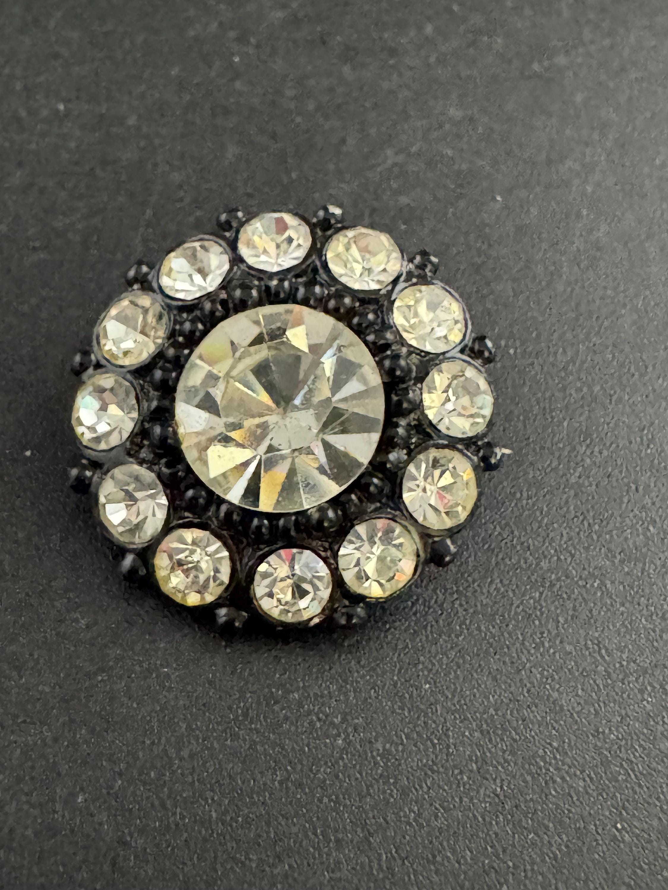Small Button Brooch, Clear Diamanté Round Pin | Japanned Metal