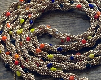 gold beaded tassel necklace, orange yellow woven seed beads 140cm long