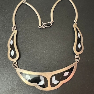 Vintage silver tone black enamel and Mother of pearl inlaid panel link necklace