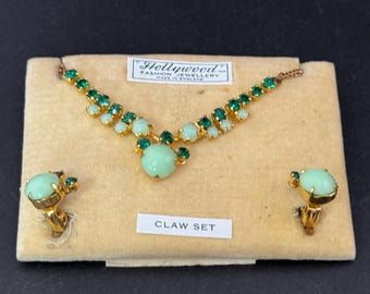 Vintage Hollywood Rhinestone Jewellery Set, Emerald Green Necklace & Earrings