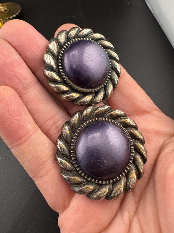 purple plastic pair large disc button stud earrin… - image 4