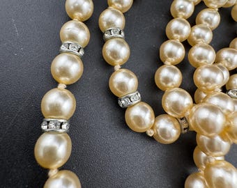 Knotted Glass Pearl Necklace,  Vintage Cream Diamanté Rondelles