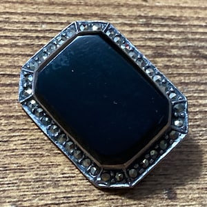 3cm Vintage Art Deco jet black onyx rectangular Sterling 925 solid silver marcasite Brooch