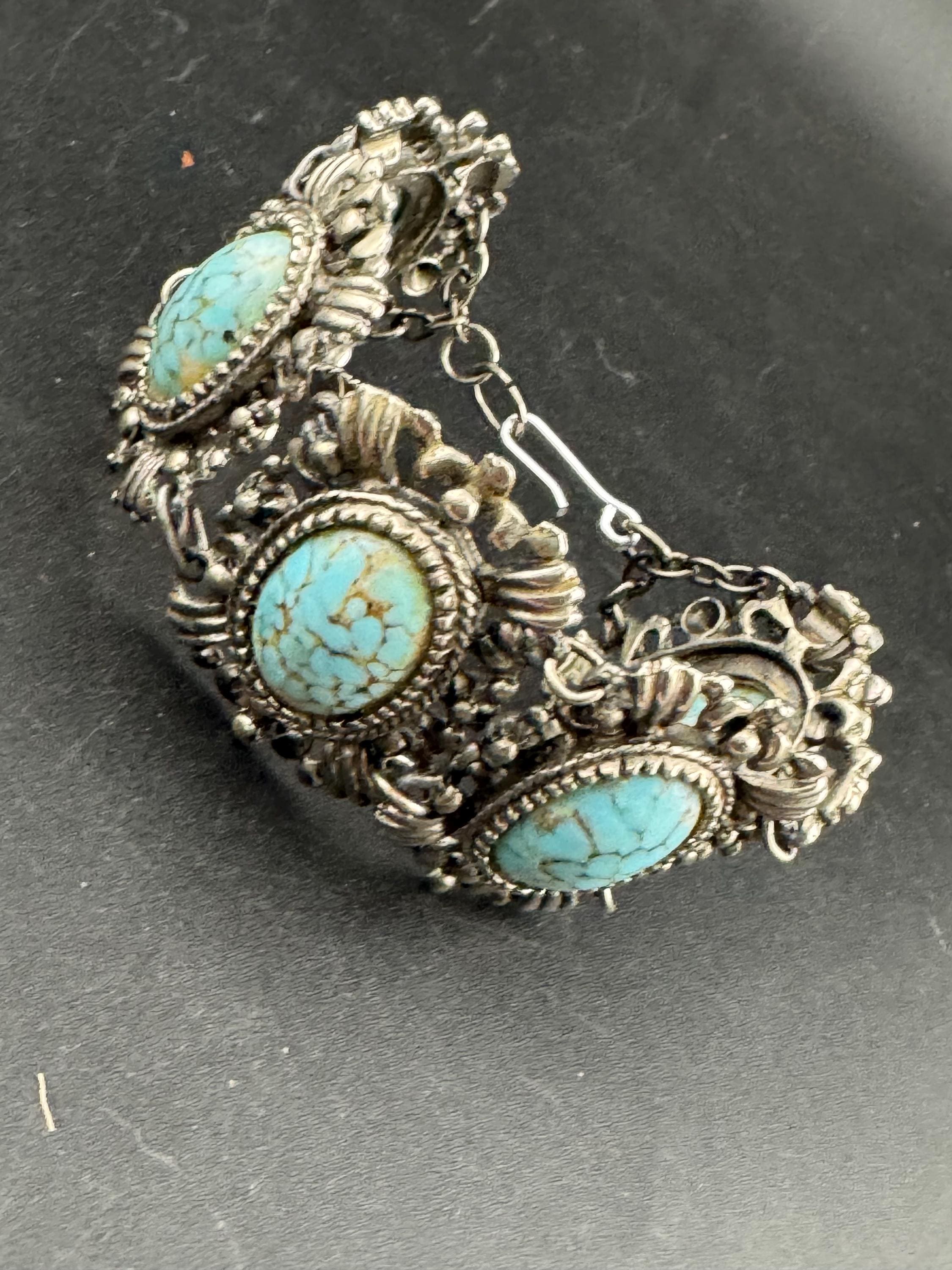 Vintage Faux Turquoise Agate Panel Bracelet: Silver Tone, 1960s