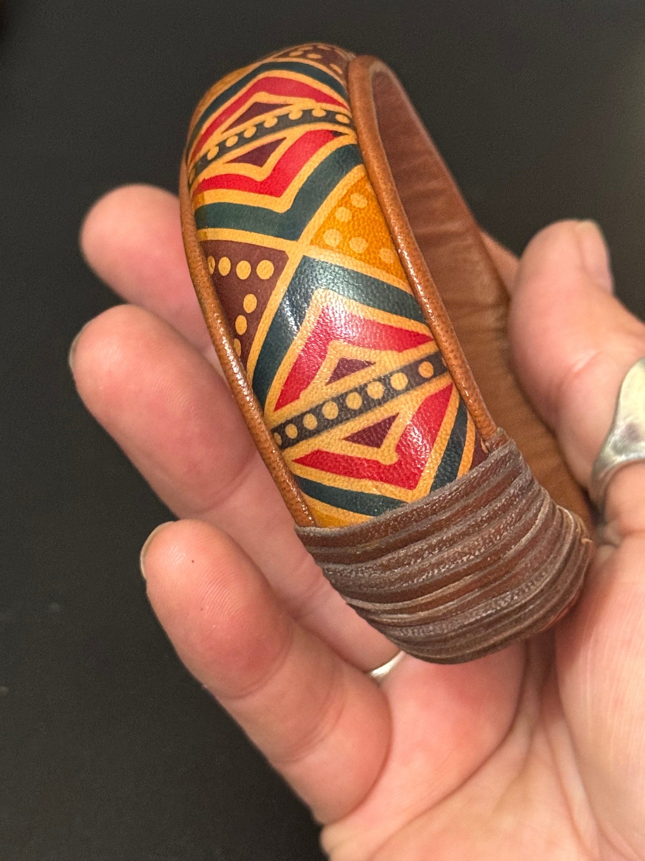 Tribal Print Leather Cuff Bangle: Wide Wood Bracelet - Etsy