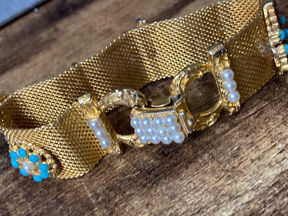 gold tone mesh cuff bracelet with turquoise blue … - image 4