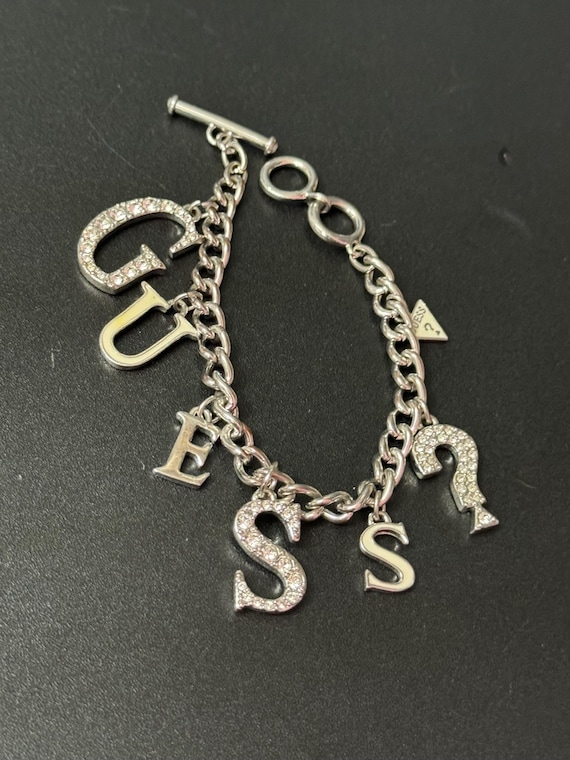 Signed Guess Silver Chunky Charm Bracelet, Diamanté Crystals  display picture 1
