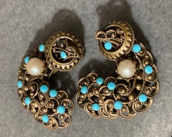 Pair of antique Czech brass dress clips with turquoise paste stones and faux pearls