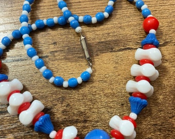 True Vintage Czech glass beaded necklace with red white and blue beads old shop stock