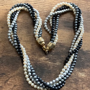 Vintage retro black cream grey plastic beaded Pearl twisted multi strand choker necklace gold tone