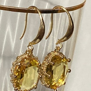 Citrine Drop Earrings: Dainty Gold Plated - Nickel Free, Oval Crystal