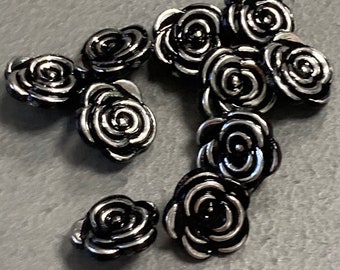 10 x 13mm plastic rose floral black and silver acrylic buttons craft