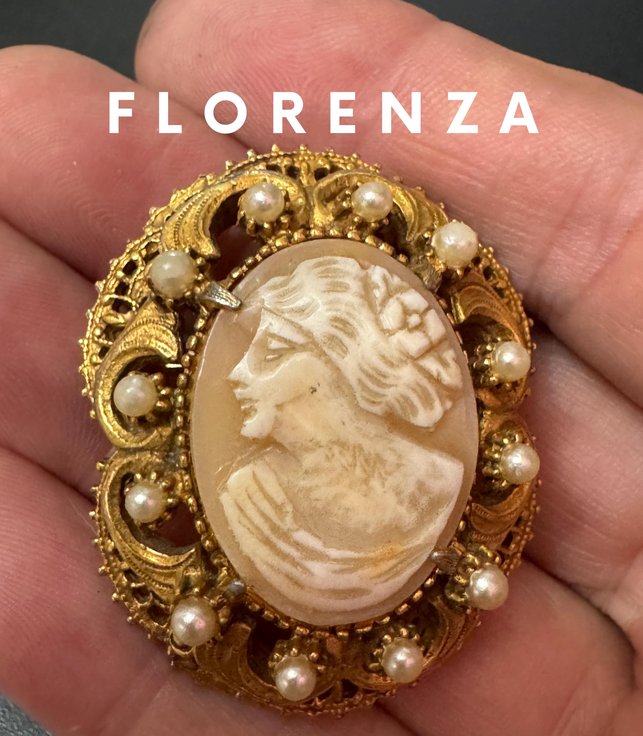 Signed FLORENZA Vintage Gold Tone Seed Pearl & Carved Shell Signed FLORENZA Vintage Gold Tone Seed Pearl & Carved Shell
