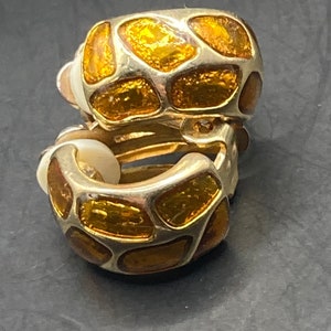 Vintage Glass orange amber enamel gold tone oval Clip On Stud Earrings