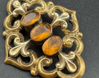 Broche Ancienne Victorienne - Argent Et Citrine - Bijou Vintage