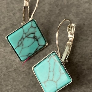 square natural stone tile silver dangly drop marbled turquoise blue earrings