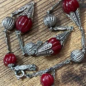 Czech silver filigree deep dark red beaded necklace 1920s art deco