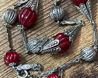 Czech silver filigree deep dark red beaded necklace 1920s art deco