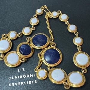Vintage signed Liz Claiborne gold tone reversible blue and white disc necklace