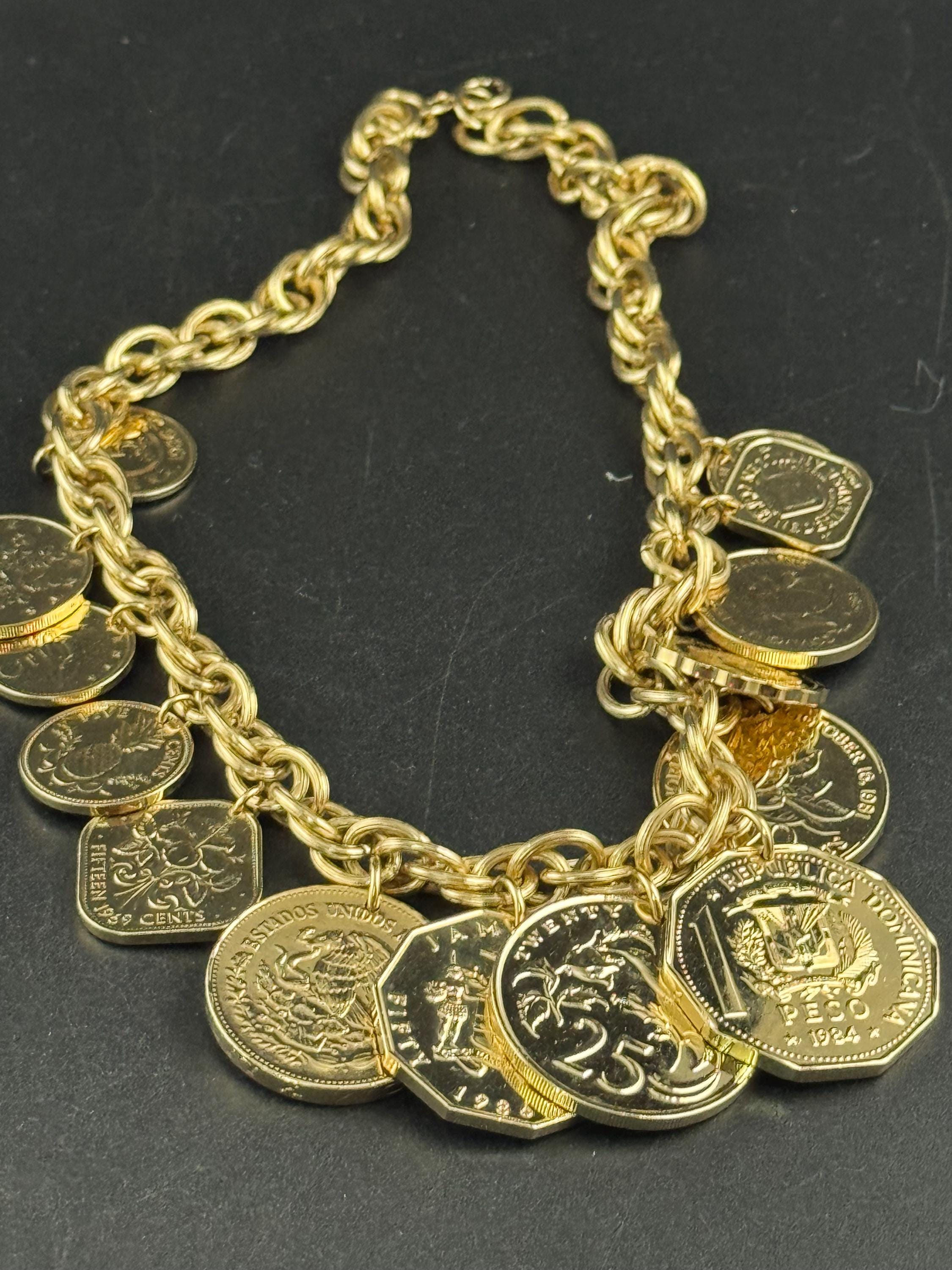 Golden Caribbean Coin Necklace: Franklin Mint, Vintage Gold Wide