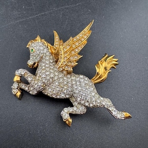 Vintage signed Swarovski mythical Pegasus Pin Brooch, Gold Plated with Clear Crystals