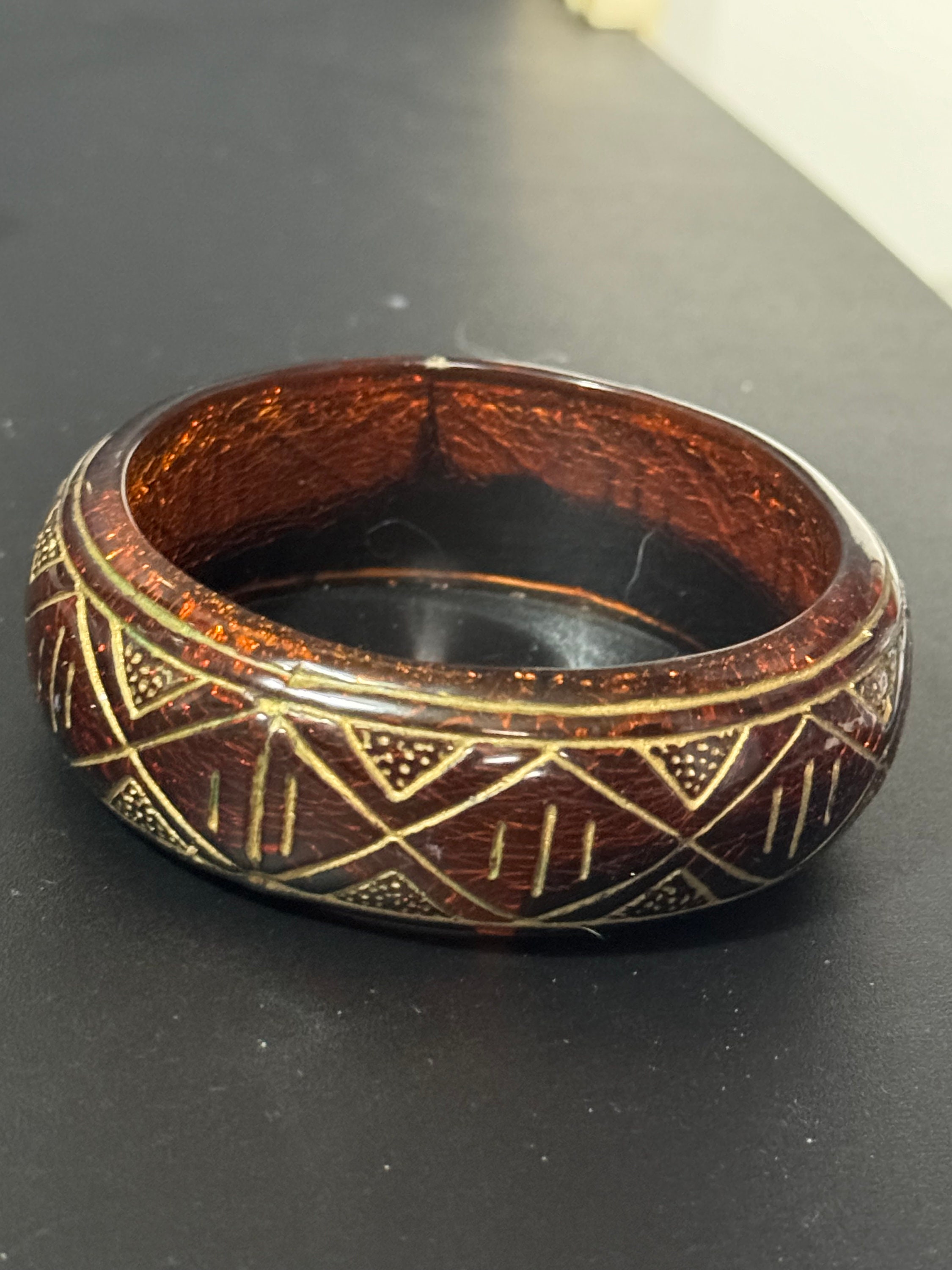 Carved Brown and Gold Faux Tortoiseshell Vintage Chunky Oversized