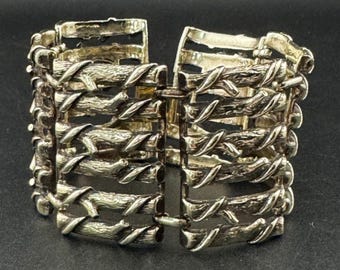 Wide Brutalist Bracelet: Antiqued Gold Tone Panel Link