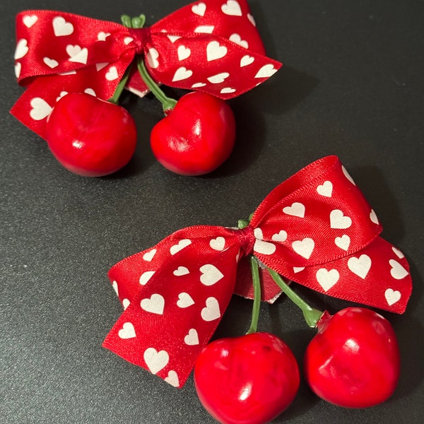 Vintage pair of bright red cherry and love heart ribbon bow shoe clips Vintage retro avant guarde vintage pumps flats 1980s 1990s