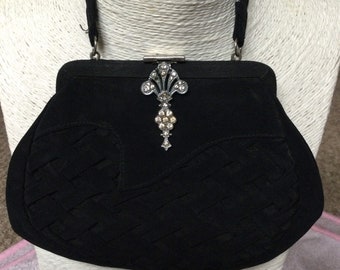 Vintage Art Deco black crepe Evening Bag Purse with rhinestone clasp