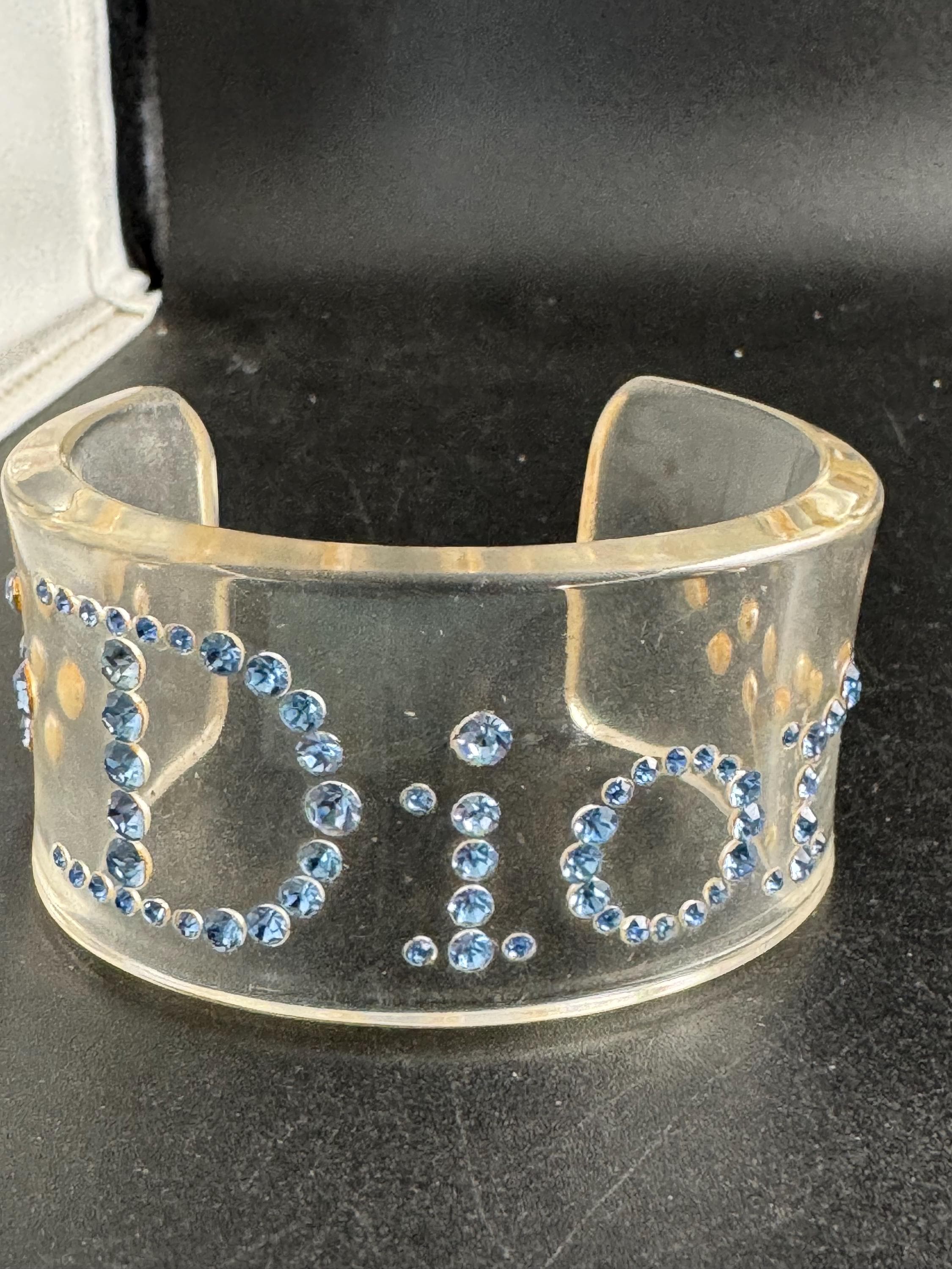 Christian Dior Blue Rhinestone Clear Acrylic Cuff Bangle