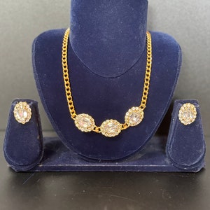 Vintage Swarovski Crystal Necklace and Clip On Earrings: Gold Tone Jewelry Set
