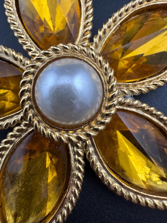 Butler and Wilson Yellow Rhinestone Flower Brooch, Faux Pearl