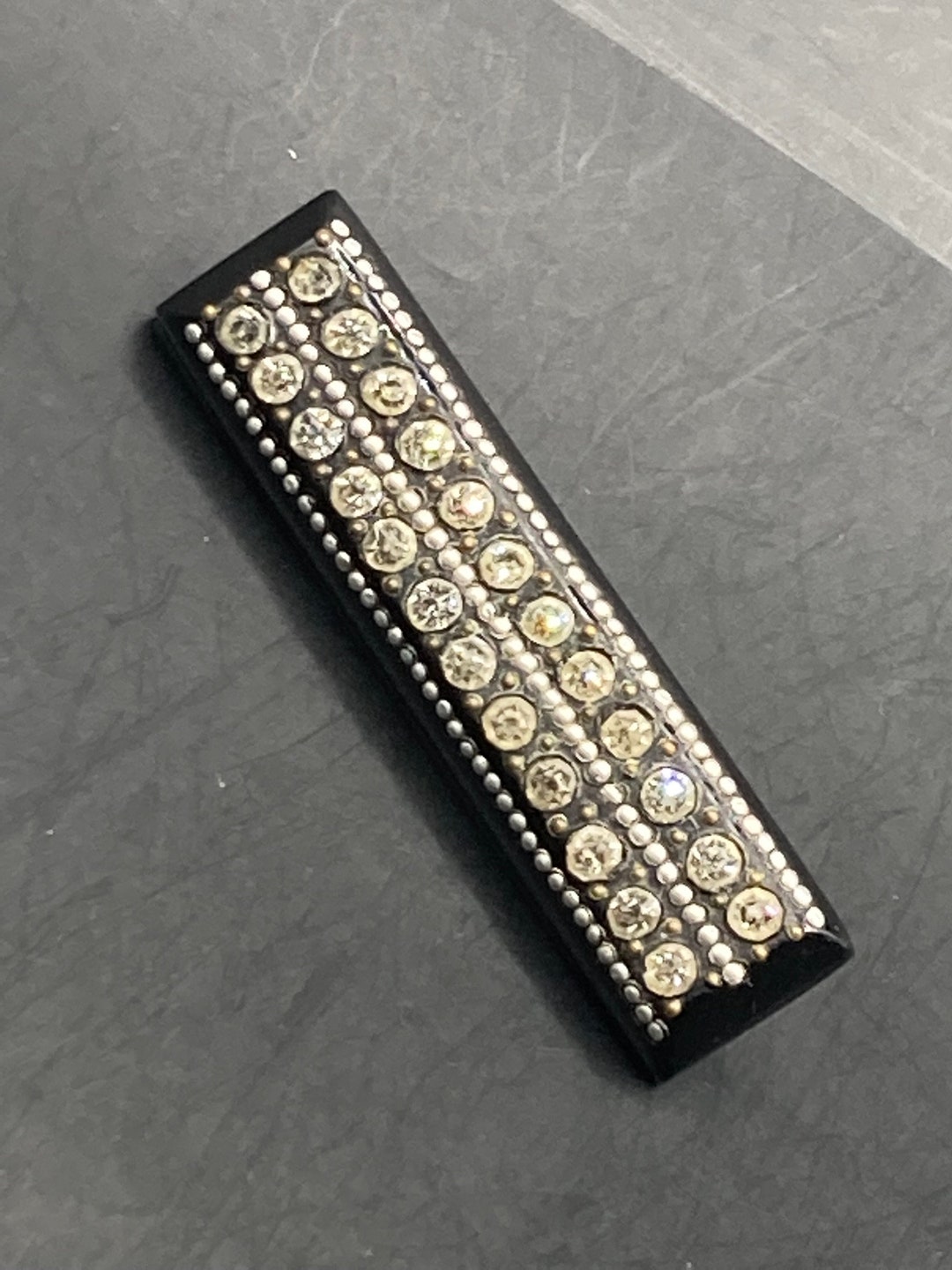 Broche Vintage Cœur Noir Et Strass Blancs - Plastique, Années 80, Occasion
