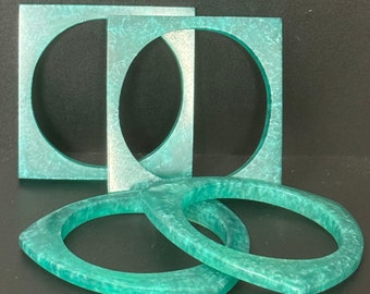 Set of 4 Dark turquoise blue stack of vintage geometric square triangle plastic bangles