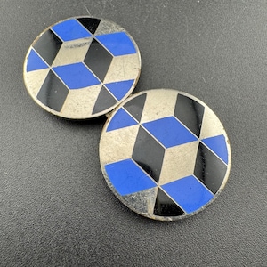 Vintage Art Deco Enamel Belt Buckle: Black, Blue & Silver Geometric Czech Haberdashery