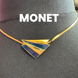 Dainty 40cm Signed Monet Vintage wide gold tone navy blue enamel collar necklace high end statement jewellery 80s 90s