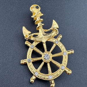 Vintage Nautical Gold Tone Anchor & Ships Wheel Diamanté Brooch