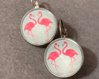 flamingo dangly earrings handmade stainless steel and glass cabochon