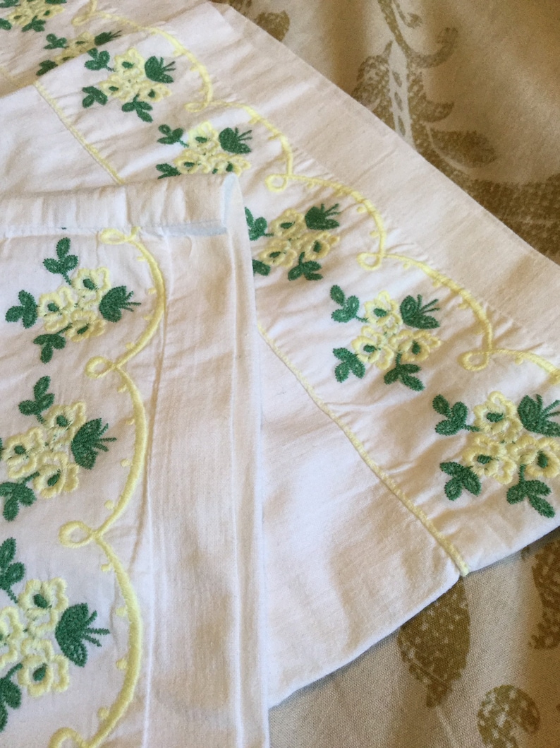 Pair 2 Chateau chic bedding decor pair of white cotton embroidered pillowcases with green yellow ditsy flowers roses 28 x 18 inches