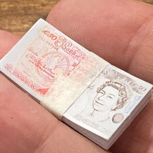 Miniature 50 pound note stack, elf prop cake topper decorations, micro scenery
