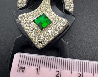 Art Deco Belt Buckle: Emerald Green Rhinestone, Black Plastic, 1920s Haberdashery