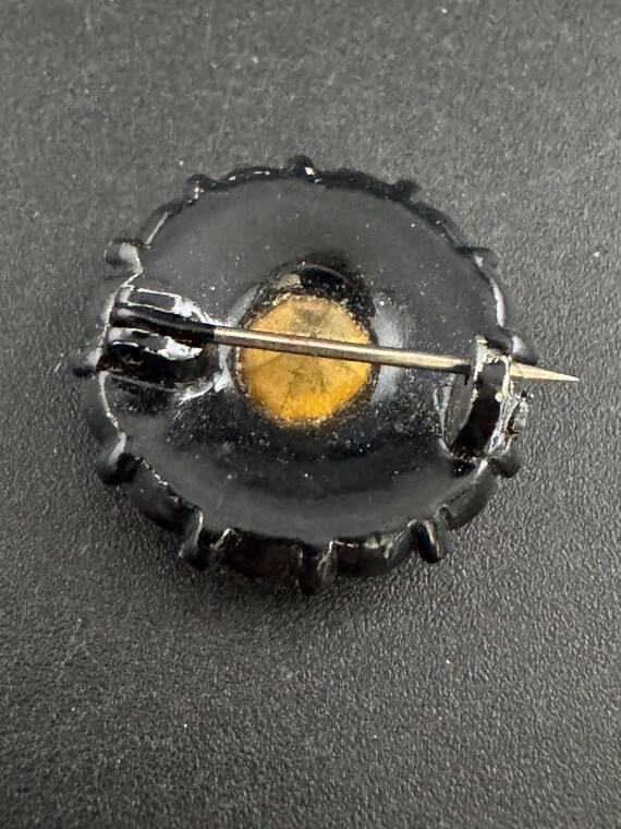 Small Button Brooch, Clear Diamanté Round Pin | Japanned Metal