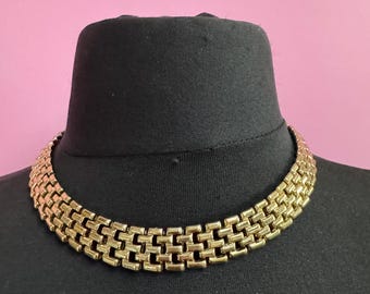 Panther Link Gold, Retro 1980S Choker | Plated Brick Links | 44Cm Wide Statement Jewellery