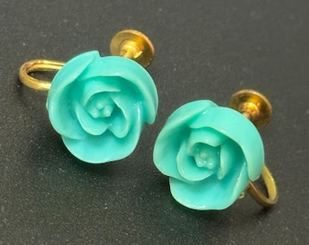 Vintage dark turquoise blue floral flower plastic Clip On screw back Earrings