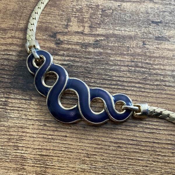 Signed ORENA Paris designer gold tone navy blue enamel necklace 46cm