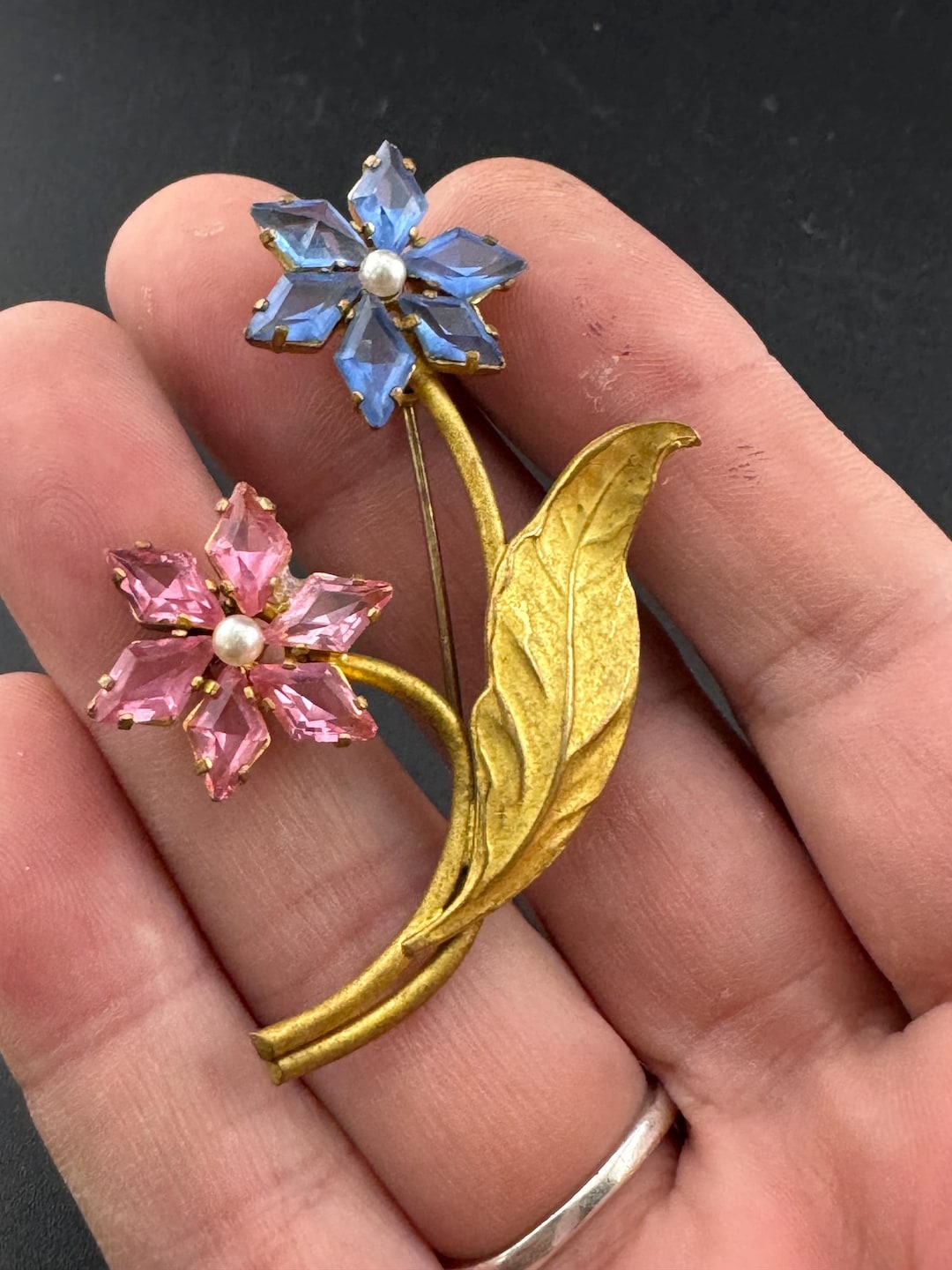 Antique Pink Brooch, Signed Imit Czech Cz Floral Pin | Brass | 5cm