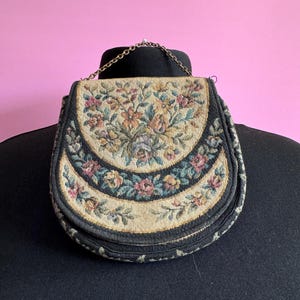 Antique black, beige and green Petit Point Tapestry Embroidered Floral evening Purse with brass clasp 1920s 1930s