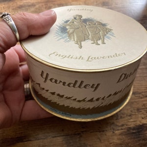 Vintage large round box of Yardley Dusting Powder English Lavender with puff