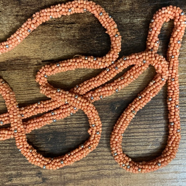 Vintage orange glass seed bead long necklace flapper length