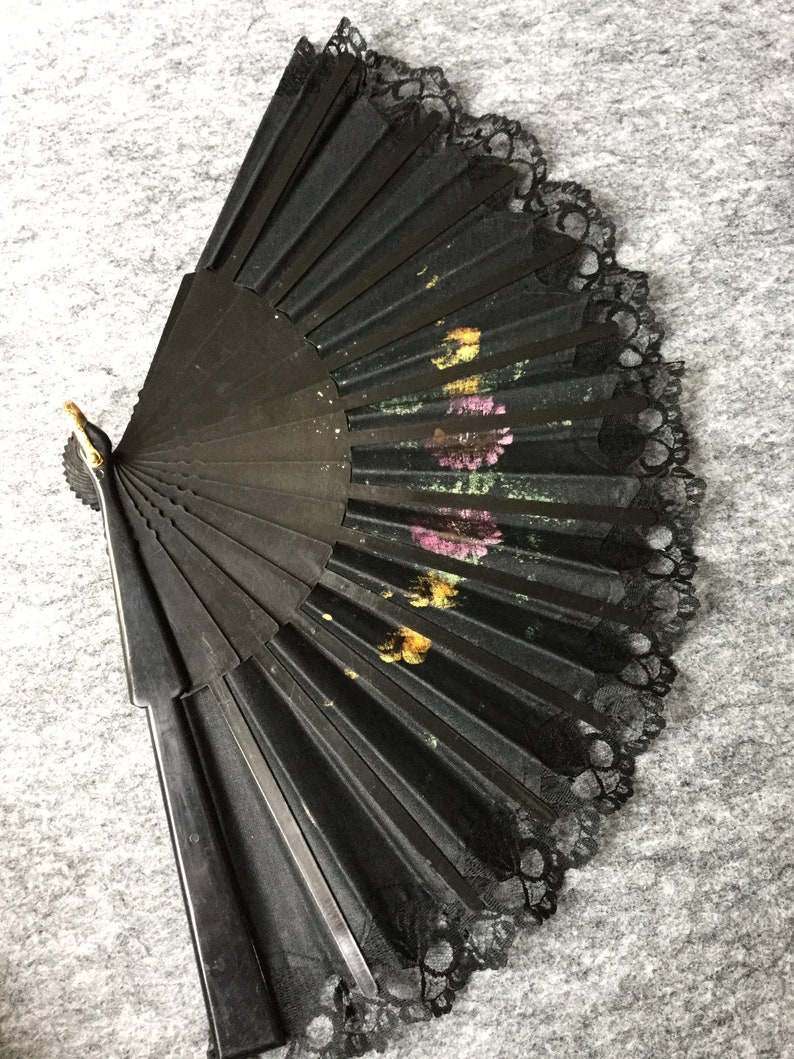 Vintage Retro Spanish Oriental Hand Painted Floral Fabric Ladies Hand Held Fan plastic spibes Orange purple flowers